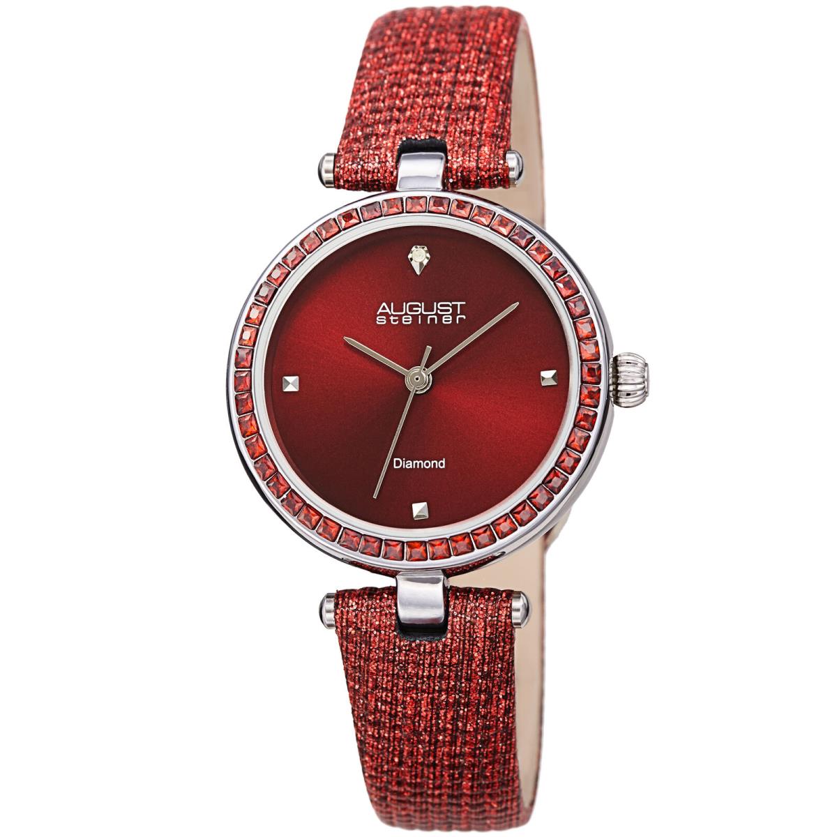 August Steiner Women`s AS8280 Diamond Baguette Crystals Textured Leather Watch Red