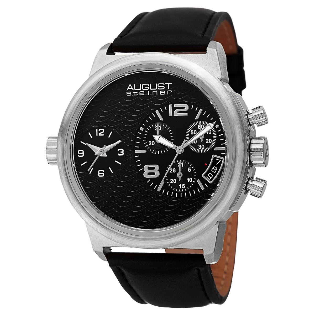 Men`s August Steiner AS8151SSB Large Swiss Chronograph Dual Time Leather Watch