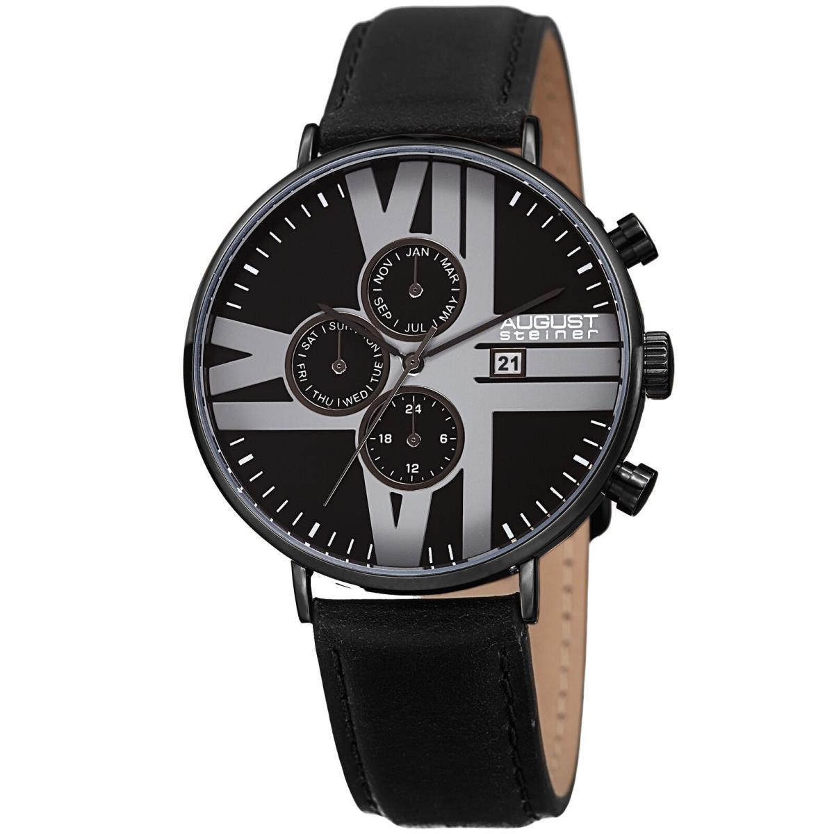 Men`s August Steiner AS8212BK 24 Hour Indicator Date Leather Strap Watch