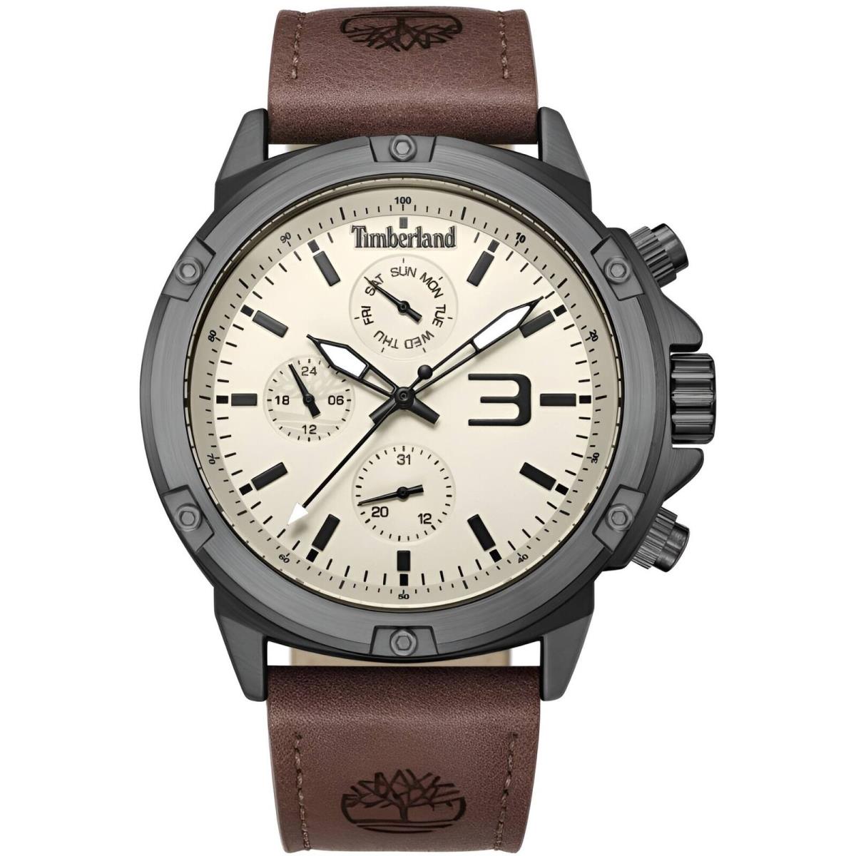 Timberland Men`s Watch Dress Sport Cream Dial Brown Strap Day-date TDWGF9002903