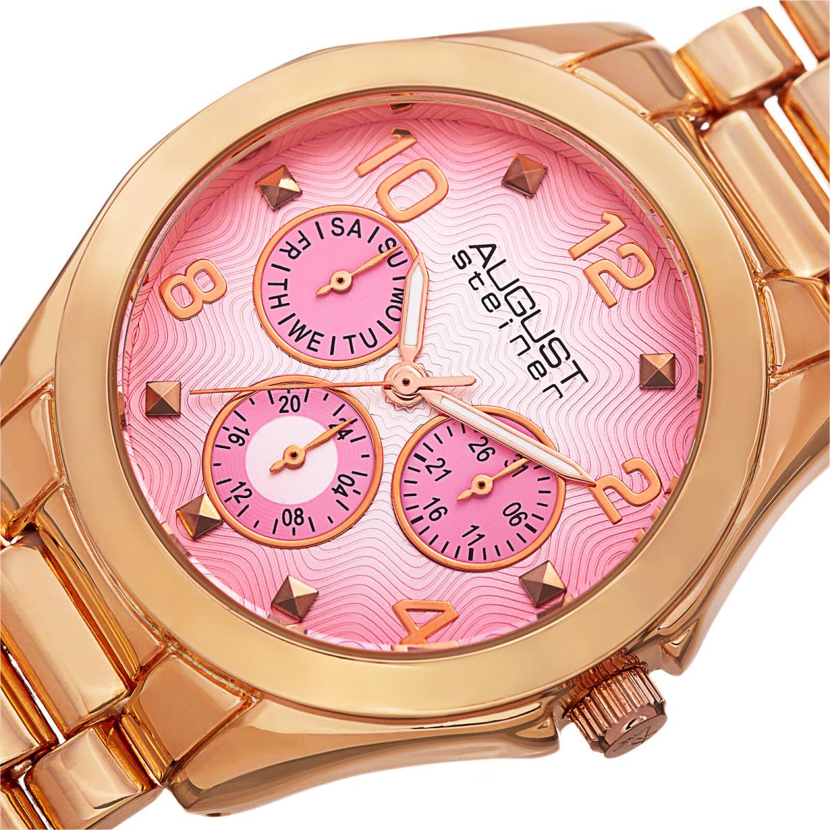 Women`s August Steiner AS8150RG Day/date Gmt Pink Dial Rose-tone Bracelet Watch