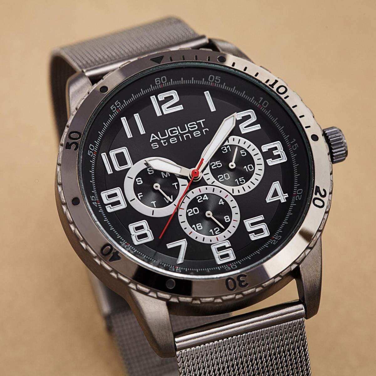 Men`s August Steiner AS8115BK Multifunction Black Stainless Steel Mesh Watch