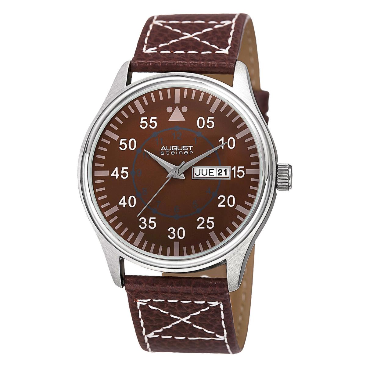 Men`s August Steiner AS8074BR Classic Quartz Movement Date Leather Strap Watch