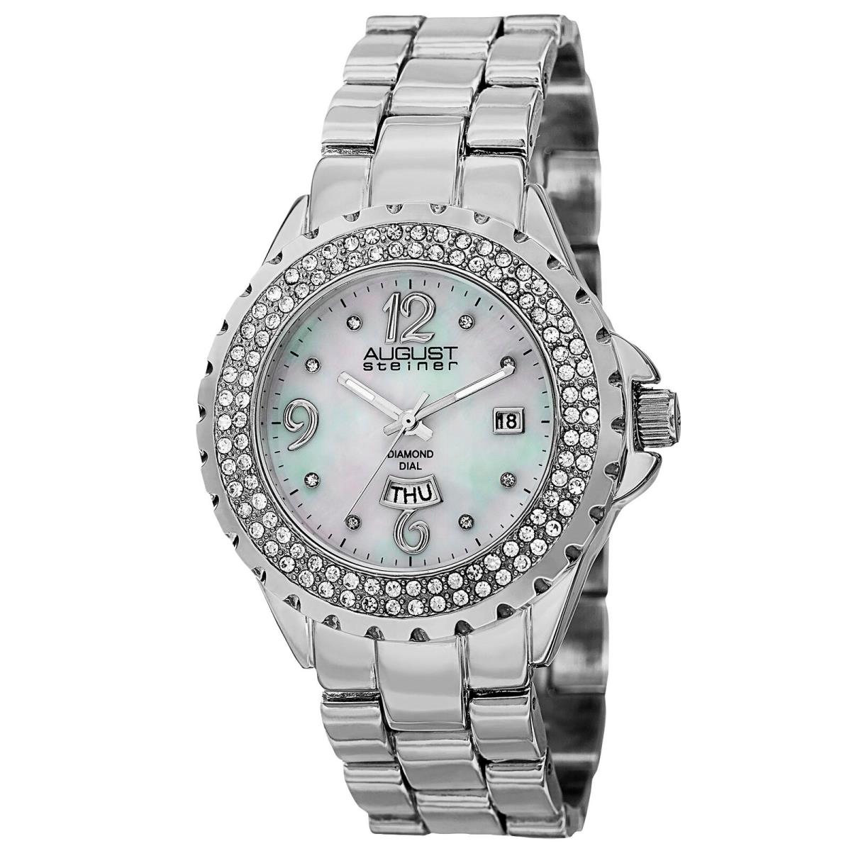 Women`s August Steiner AS8156SS White Mop Day/date Diamond Dial Silver-tone Wat