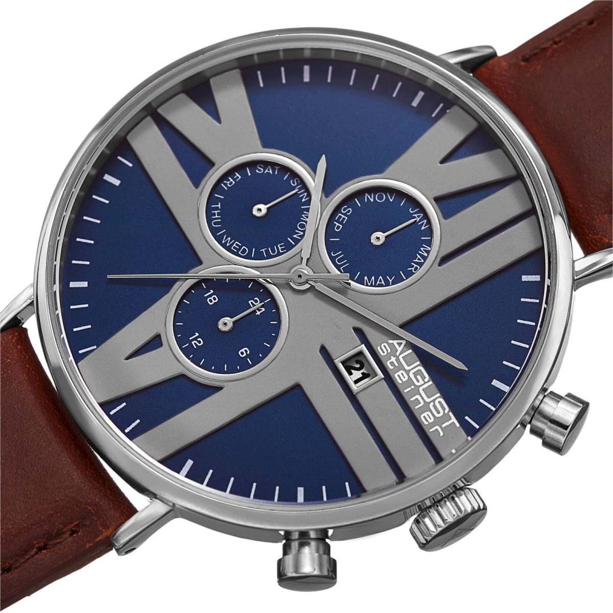 Men`s August Steiner AS8212SSBU 24 Hour Counter Date Leather Strap Watch