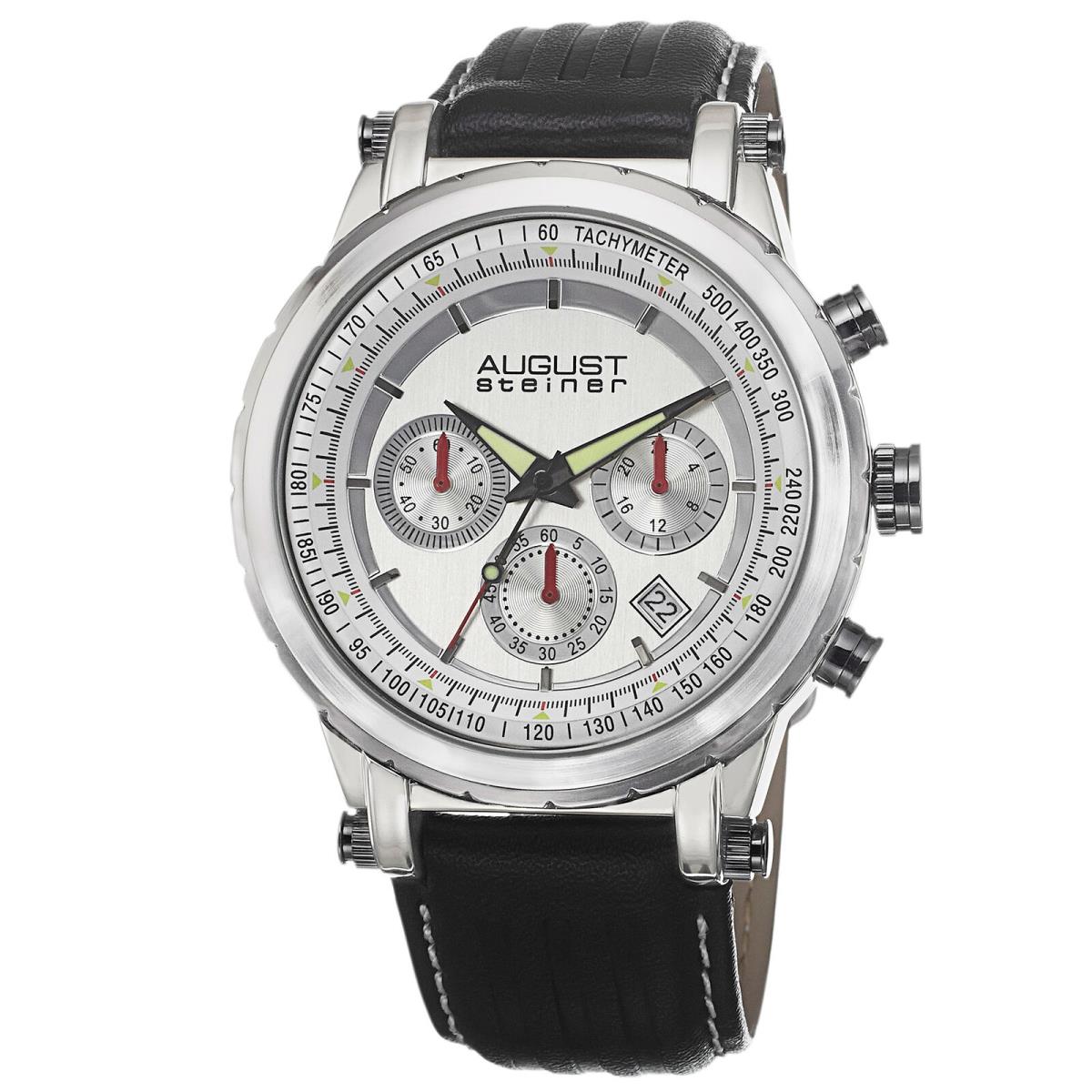 Men`s August Steiner AS8085SS Chronograph Tachymeter Black Leather Watch