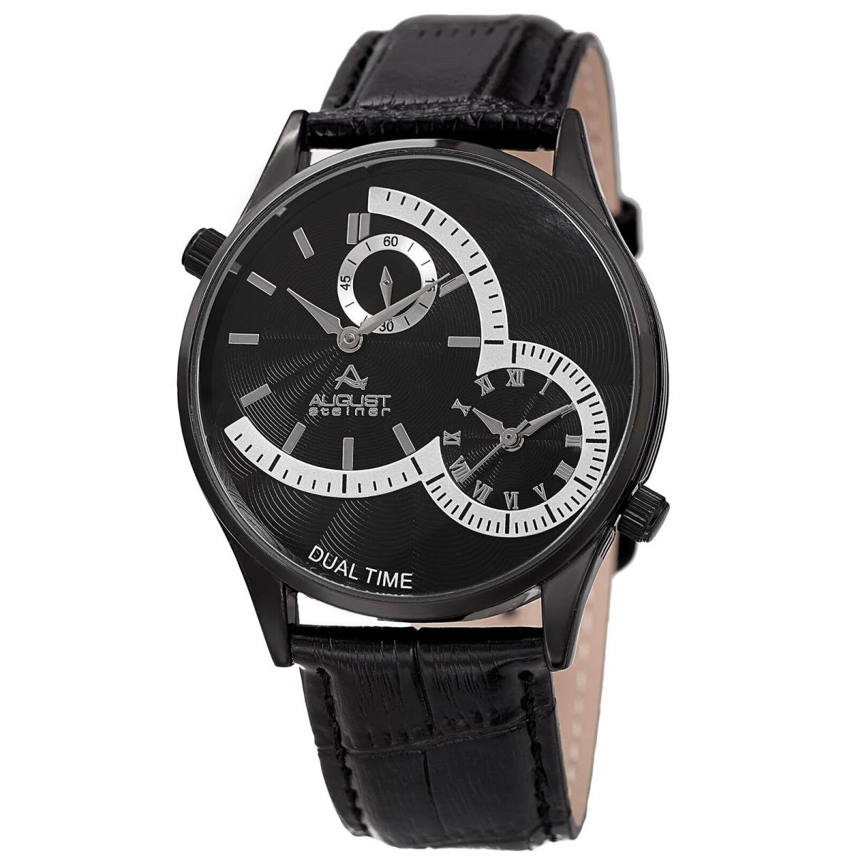 Men`s August Steiner AS8010BK Quartz Dual Time Black Leather Strap Watch