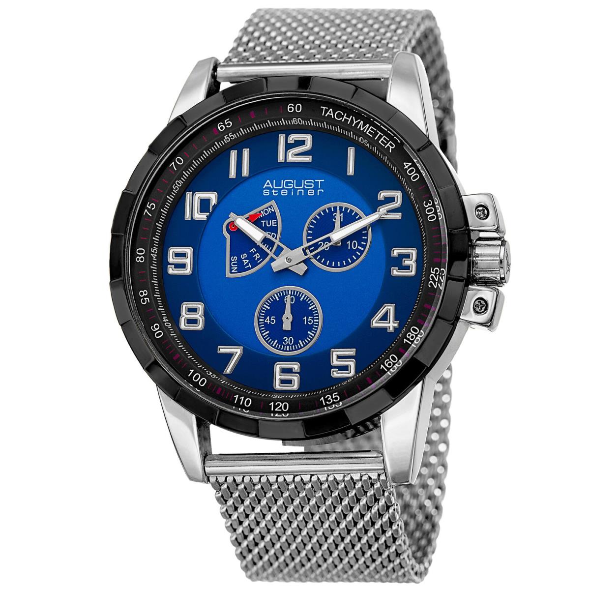 Men`s August Steiner AS8202SSBU Small Seconds Date Tachymeter Steel Mesh Watch