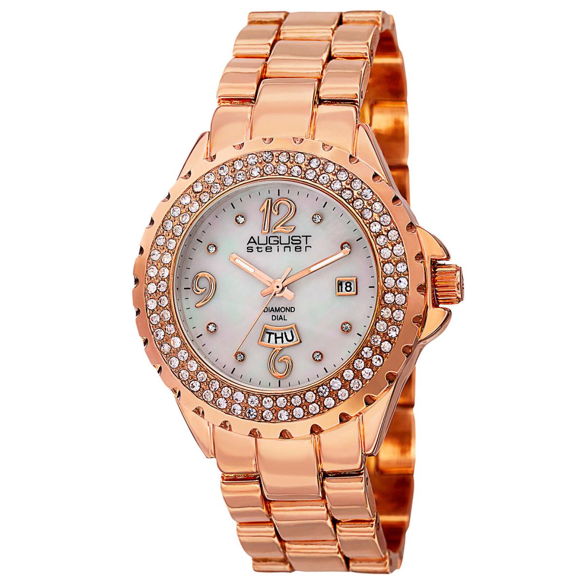 Women`s August Steiner AS8156RG White Mop Day/date Diamond Dial Rose-tone Watch