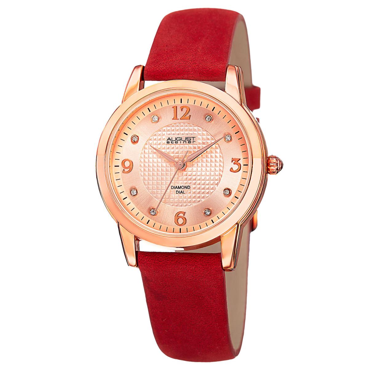 Women`s August Steiner AS8198RD Diamond Hour Marker Leather Strap Watch