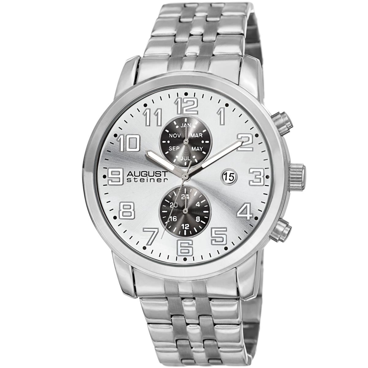 Men`s August Steiner AS8175SS Swiss Dual-time Silver-tone Stainless Steel Watch