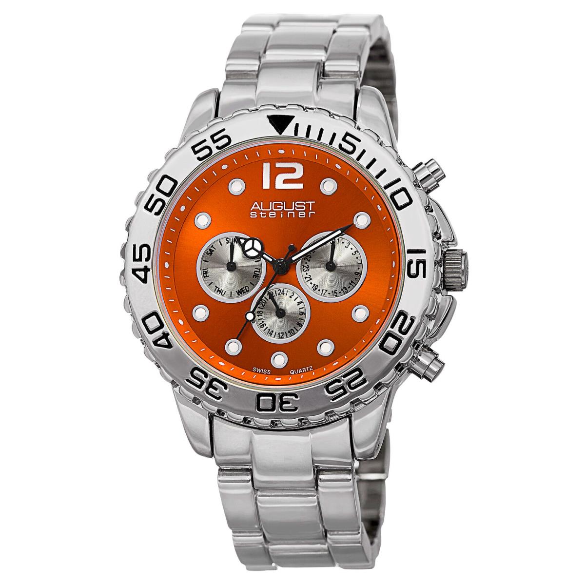 Men`s August Steiner AS8158RD Orange Dial Multifunction Dual Time Bracelet Watch