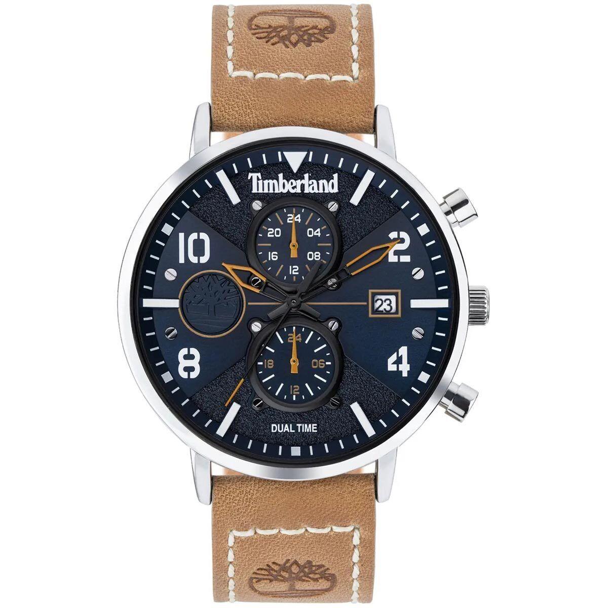 Timberland Men`s Watch Quartz Dual Time Blue Dial Light Brown Strap TDWGF2091501