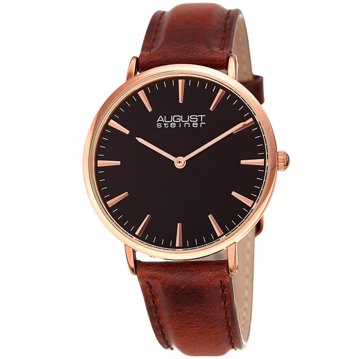 Women`s August Steiner AS8247RGBR Rose Gold Tone Brown Leather Strap Watch