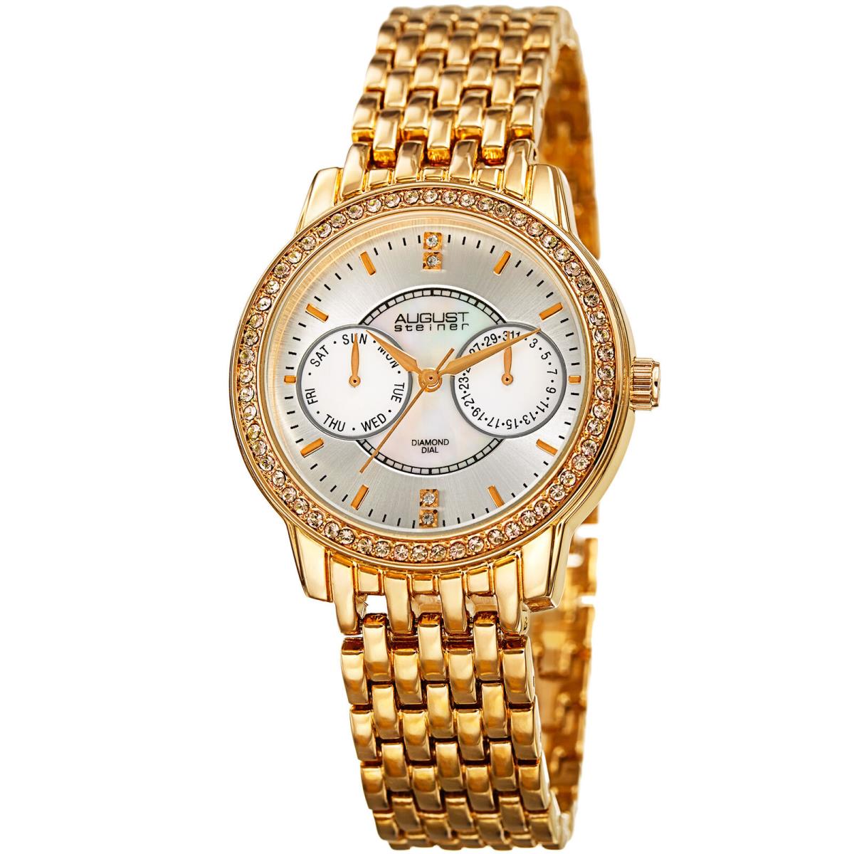 Women`s August Steiner AS8228YG Diamond Dial Crystal Bezel Date Bracelet Watch