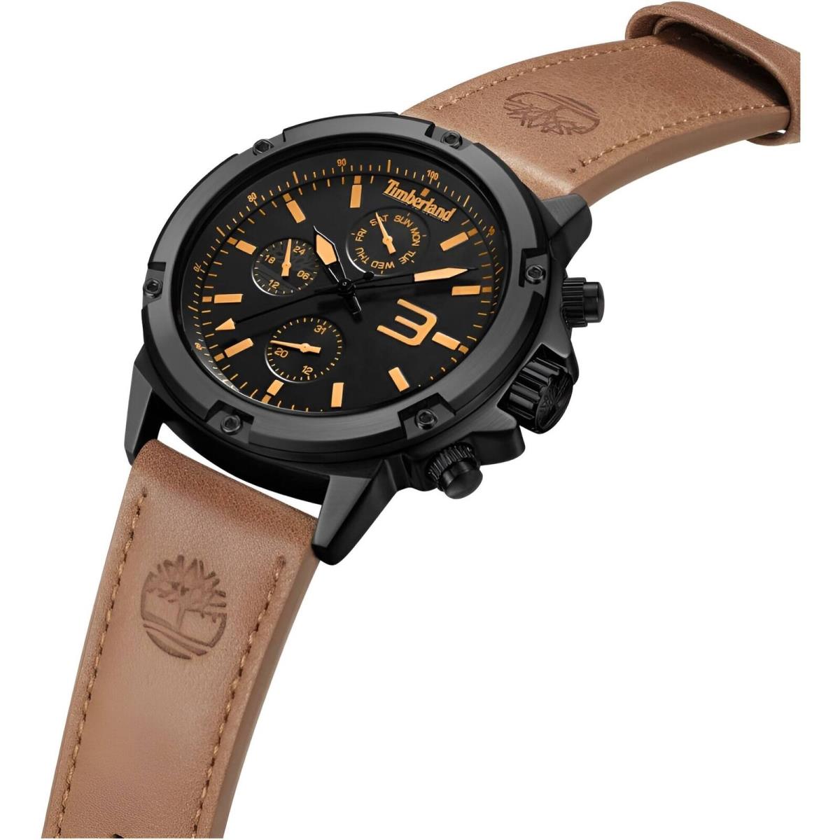 Timberland Men`s Watch Dress Sport Black Dial Brown Strap Day-date TDWGF9002901