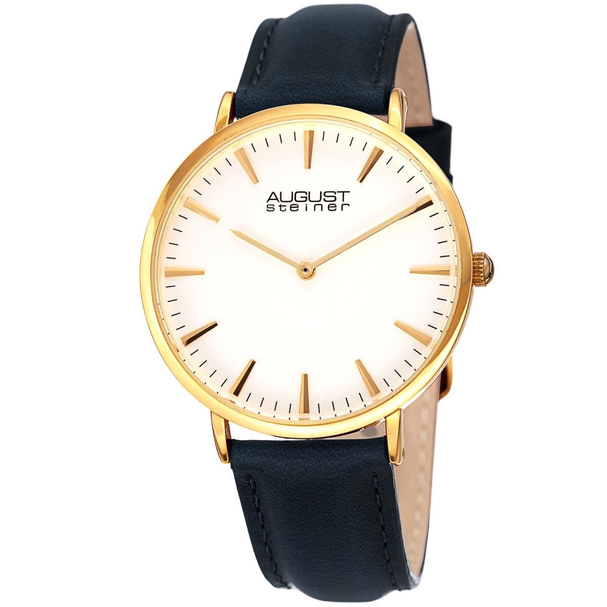 Women`s August Steiner AS8247YGBU Quartz Gold Tone Black Leather Strap Watch