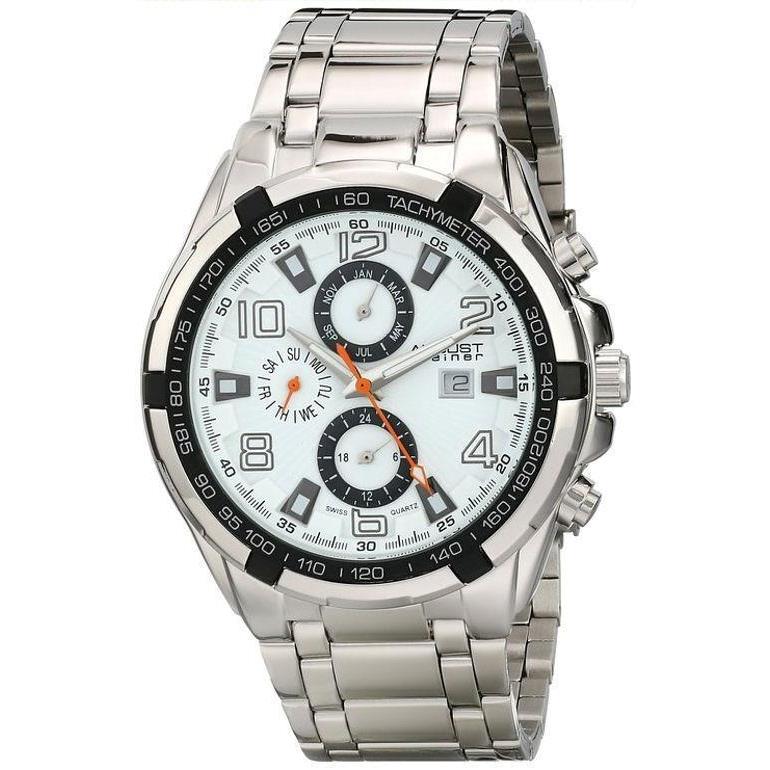 August Steiner AS8127SSW Swiss Quartz Tachymeter Month Day Date Gmt Mens Watch