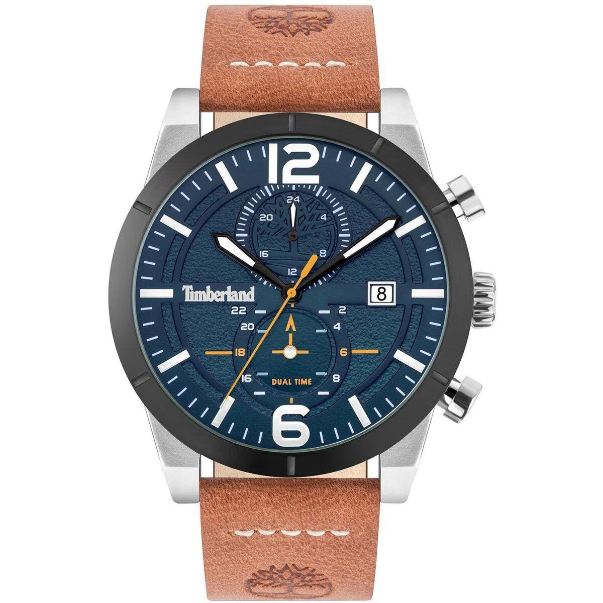 Timberland Men`s Watch Dual Time and Date Leather Strap Blue Dial TDWGF2090103