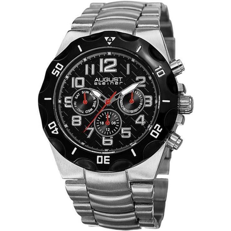 August Steiner AS8161SSB Swiss Quartz Day Date Gmt Black Bezel Dial Mens Watch