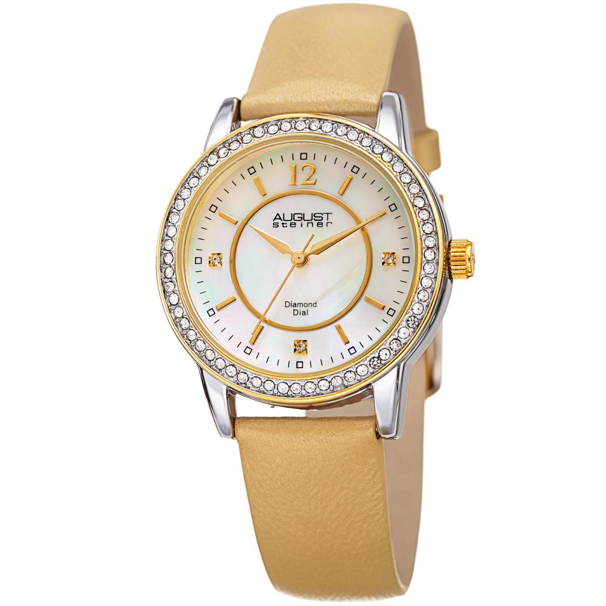 Women`s August Steiner AS8227GLD Diamond Dial Crystal Bezel Leather Strap Watch