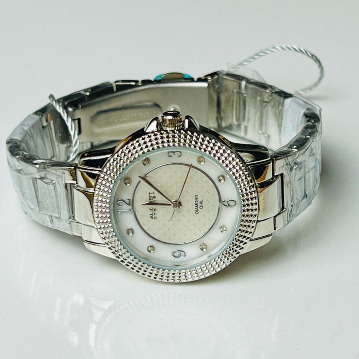 August Steiner Diamond Dial Quartz Watch Silver Tone Bracelet 35mm Case Women