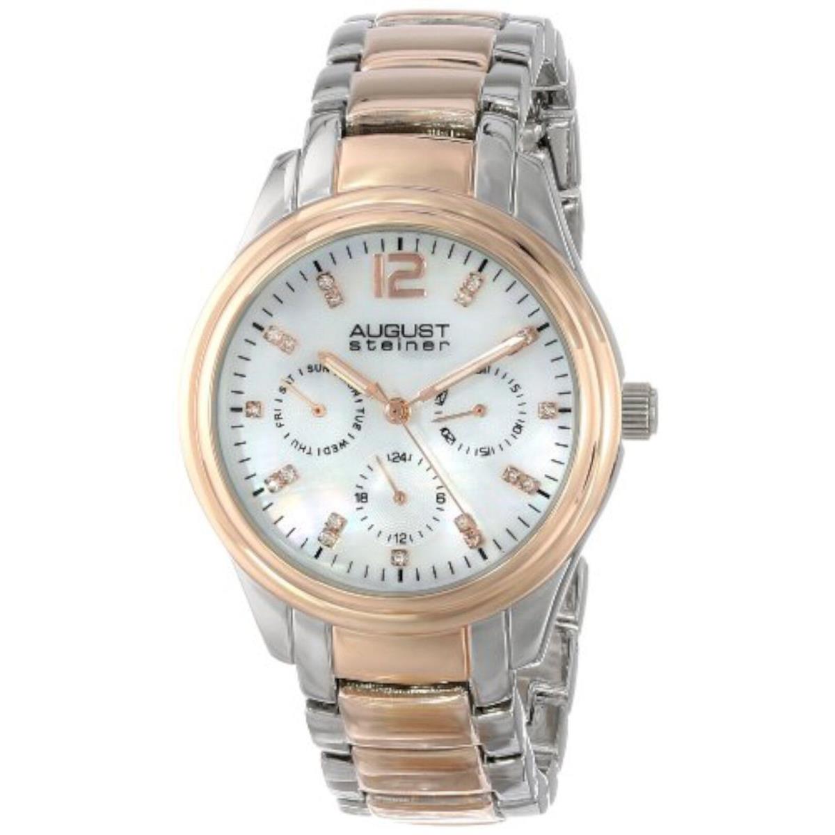 August Steiner AS8076TTR Womens Diamond Mop Dial Day Date Gmt Two Tone Watch