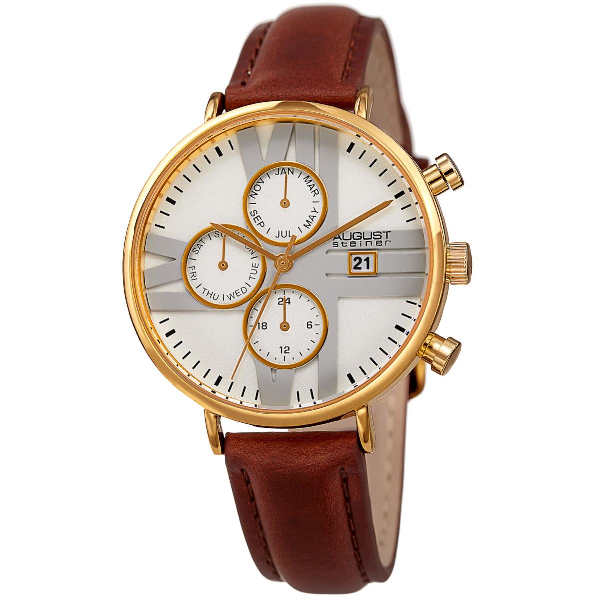 Women`s August Steiner AS8220BRYG Two Time Zone Date Leather Strap Watch