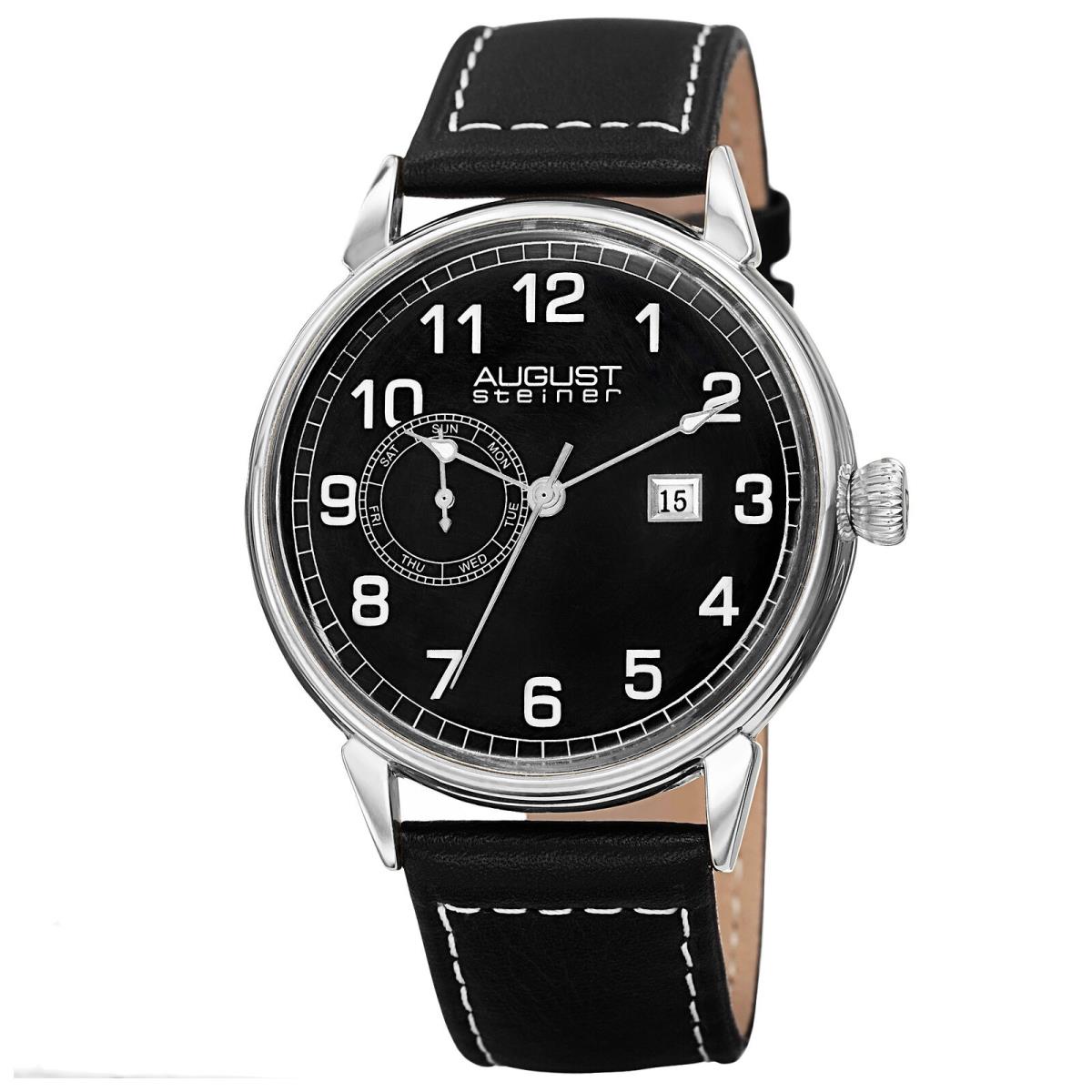 Men`s August Steiner AS8182SSB Swiss Day Date Black Leather Strap Watch