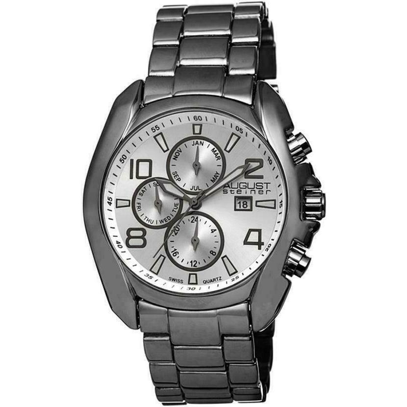 August Steiner AS8109BK Swiss Quartz Month Day Date Gmt Gunmetal Mens Watch