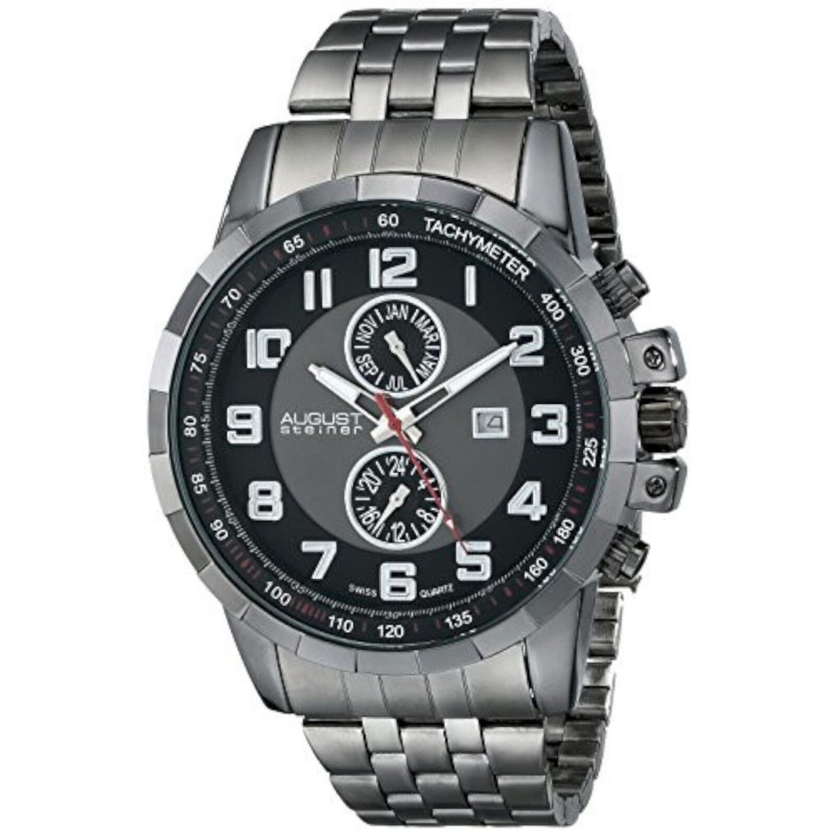 August Steiner AS8153BK Men`s Swiss Month Date Gmt Black Dial Gunmetal Watch