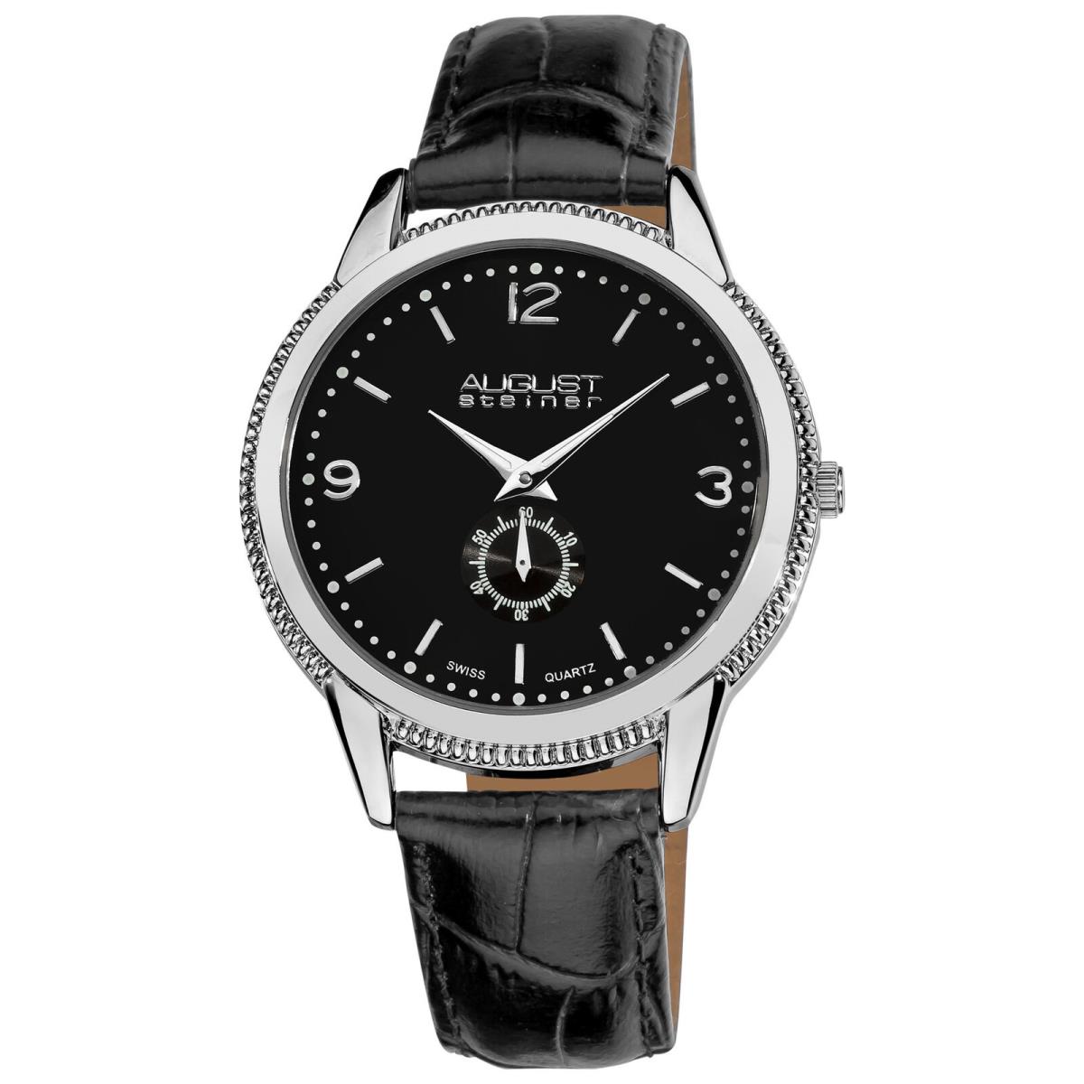 Men`s August Steiner AS8020SS Silver-tone Swiss Quartz Black Leather Watch