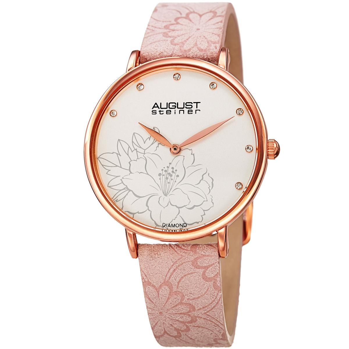 Women`s August Steiner AS8242BL Diamond Dial Quartz Flower Embossed Strap Watch