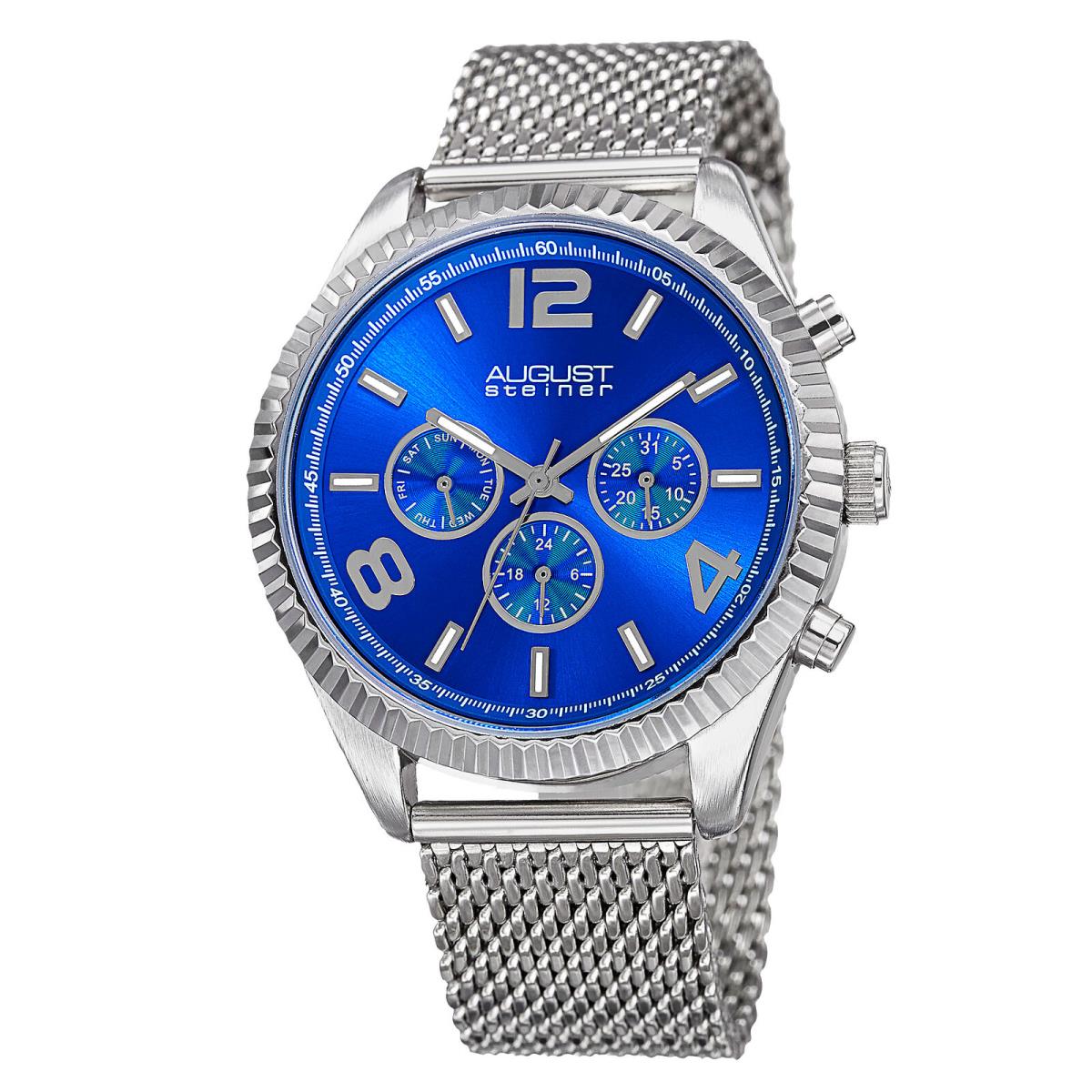 Men`s August Steiner AS8196SSBU Two Time Zone Date Tachymeter Steel Mesh Watch