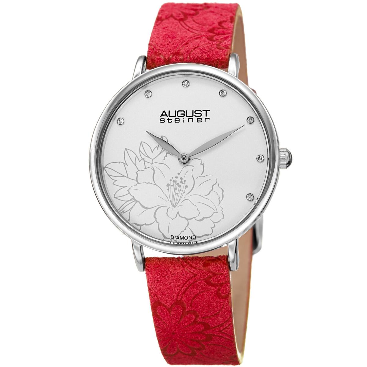 Women`s August Steiner AS8242RD Diamond Dial Quartz Flower Embossed Strap Watch