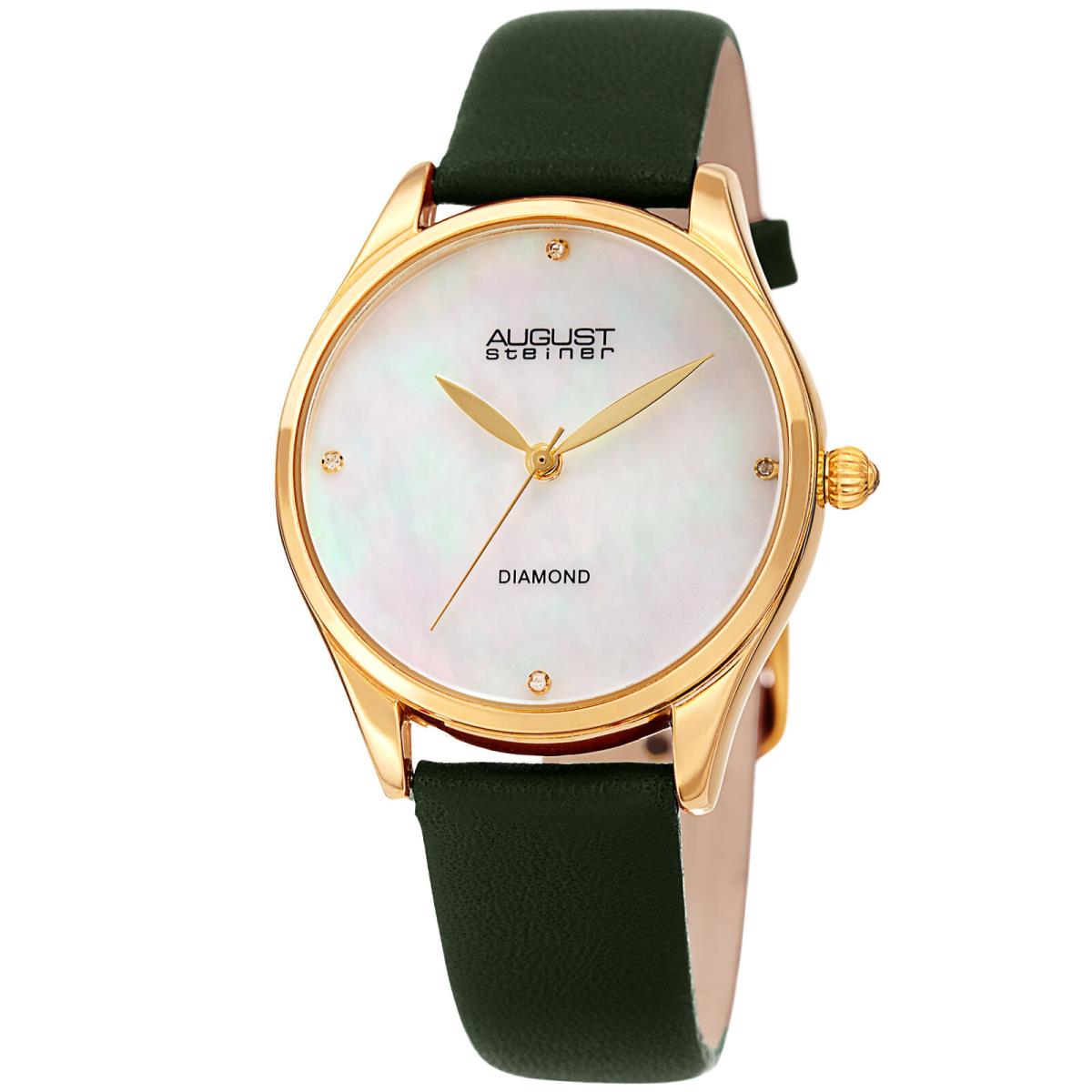 Women`s August Steiner AS8254GN Quartz Diamond Marker Green Leather Strap Watch