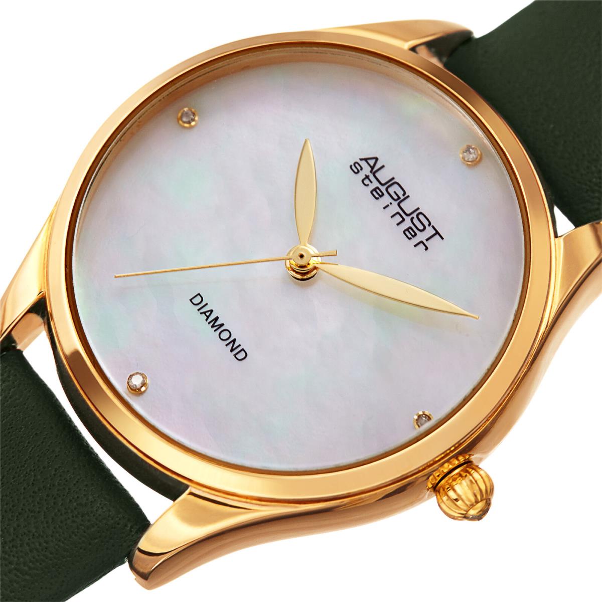 Women`s August Steiner AS8254GN Quartz Diamond Marker Green Leather Strap Watch