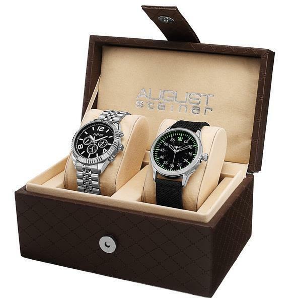 August Steiner AS8120SSB Swiss Quartz Black Silvertone Two Piece Mens Gift Set