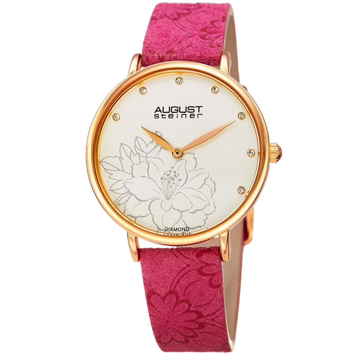 Women`s August Steiner AS8242PK Diamond Dial Quartz Flower Embossed Strap Watch