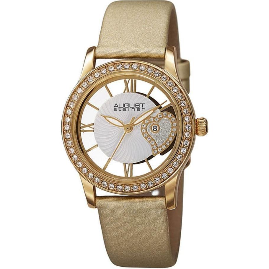 August Steiner AS8176YG Date Satin Strap Crystal Accented Gold Womens Watch