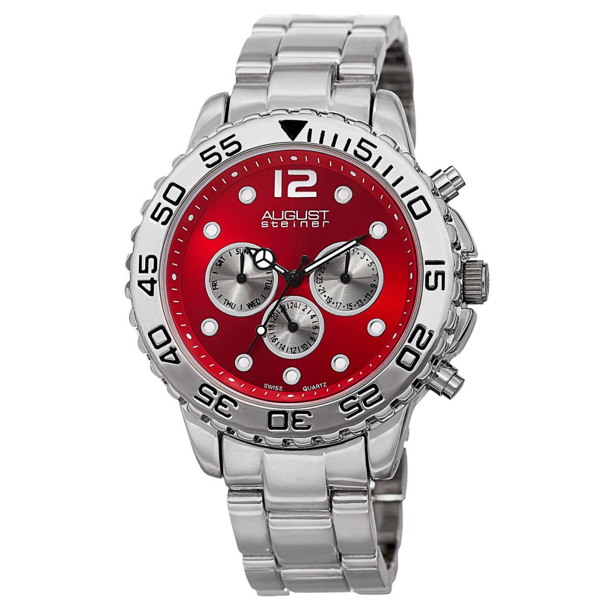 Men`s August Steiner AS8158RD Red Dial Multifunction Dual Time Bracelet Watch