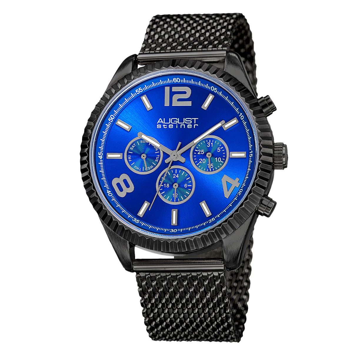 Men`s August Steiner AS8196BKBU Two Time Zone Date Tachymeter Steel Mesh Watch