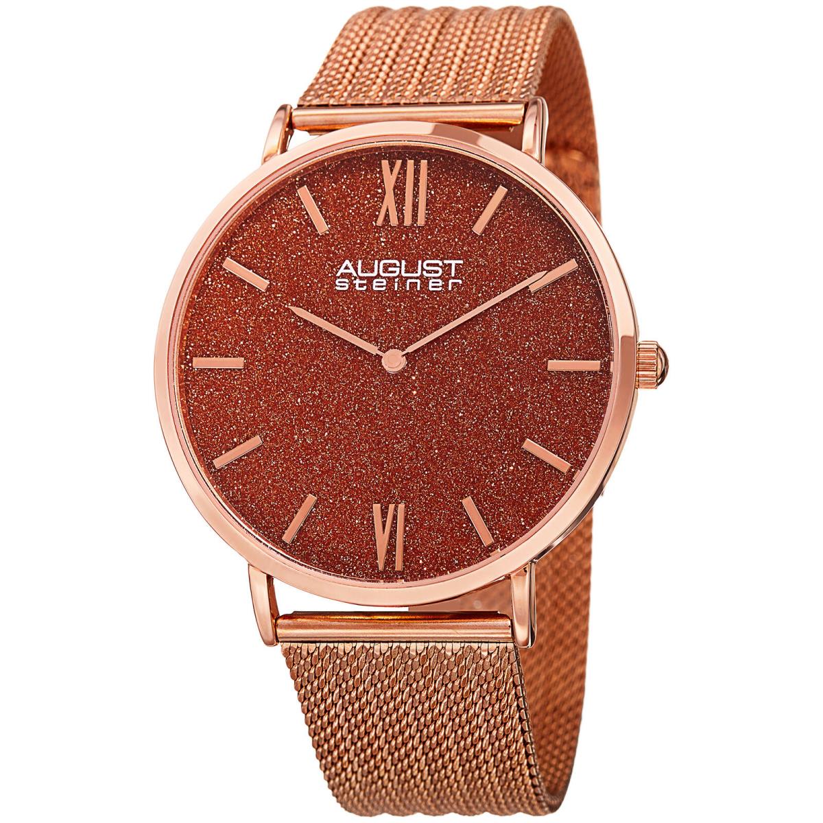 Men`s August Steiner AS8218RG Red Sandstone Dial Mesh Bracelet Quartz Watch