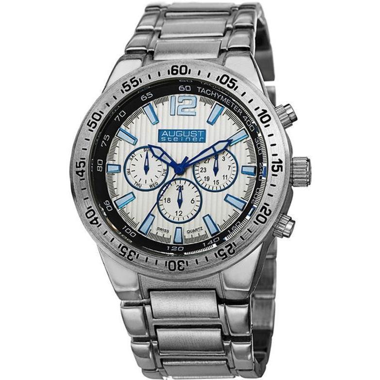 August Steiner AS8128SS Swiss Quartz Tachymeter Day Date Gmt Silver Mens Watch