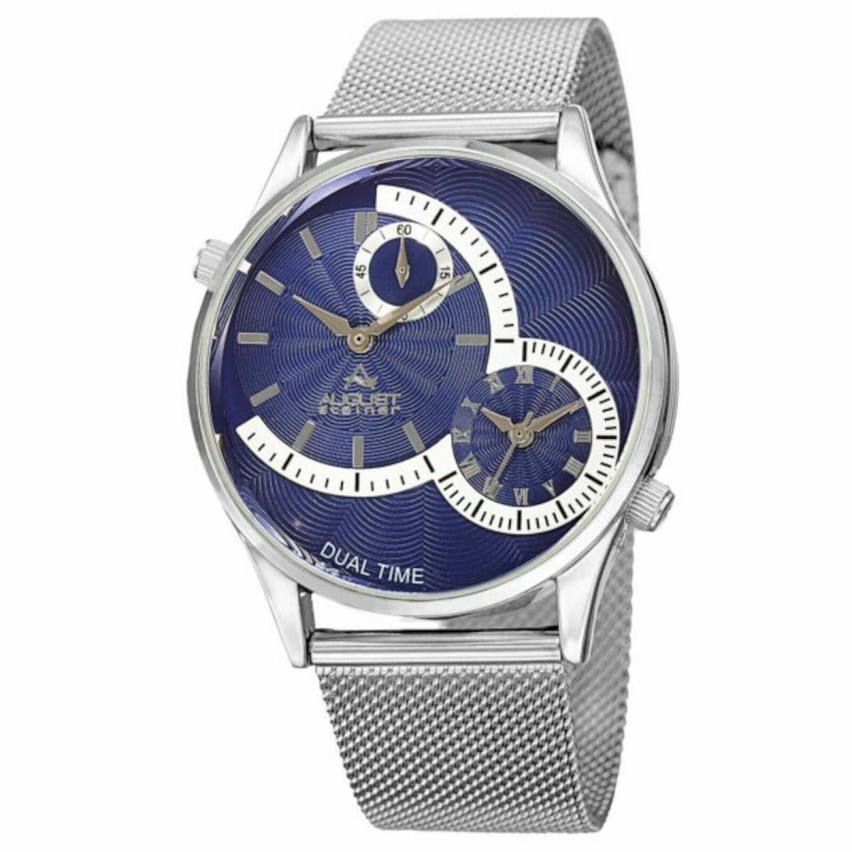 August Steiner AS8168SSBU Mens Dual Time Blue Guilloche Dial Silver SS Watch