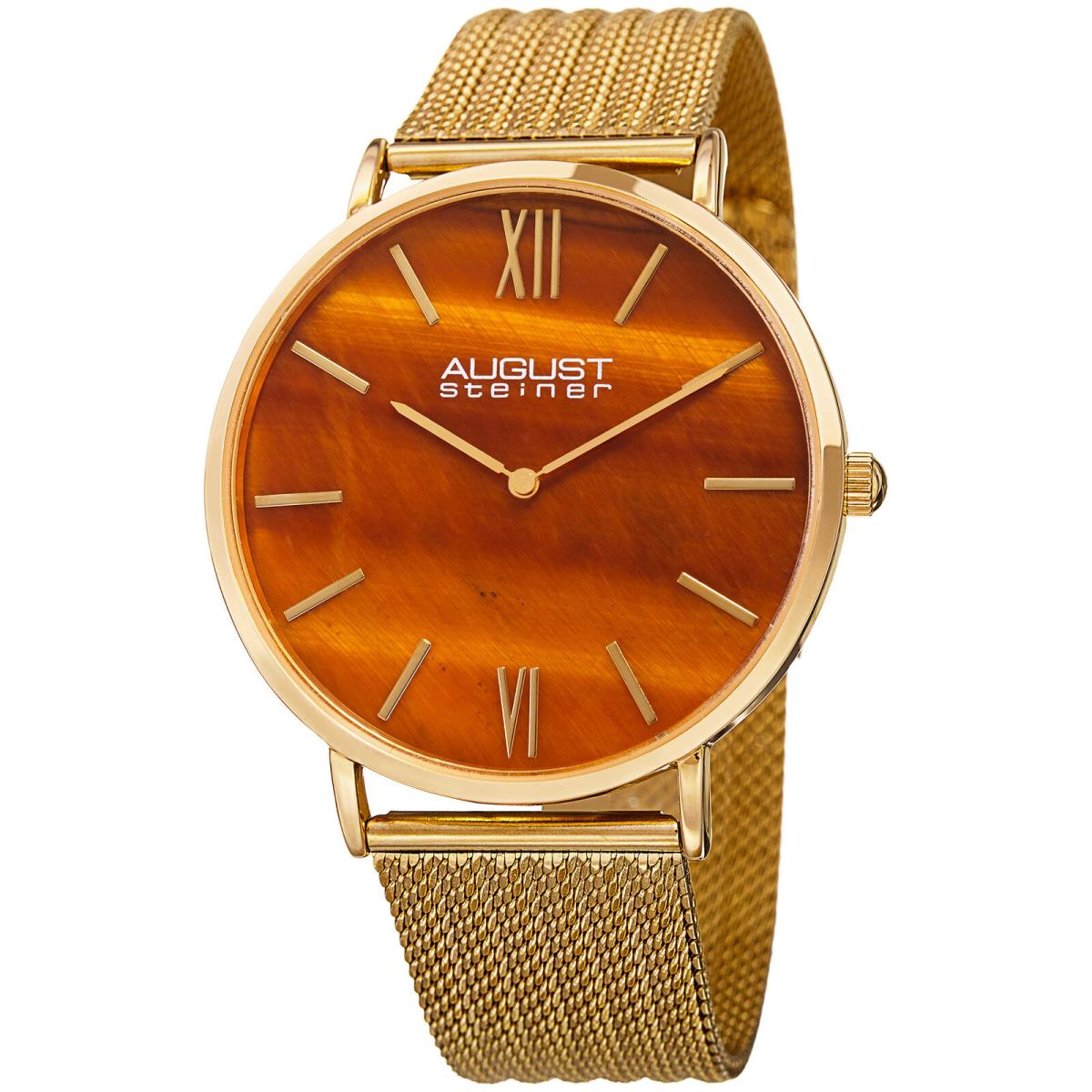 Men`s August Steiner AS8218YG Orange Tiger Eye Dial Mesh Bracelet Quartz Watch