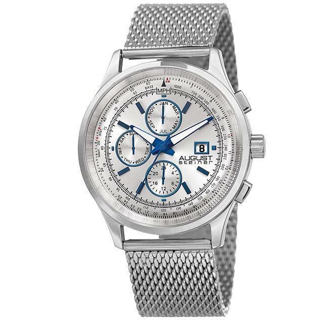 August Steiner AS8194SS Tachymeter Month Day Date Gmt Stainless Steel Mens Watch