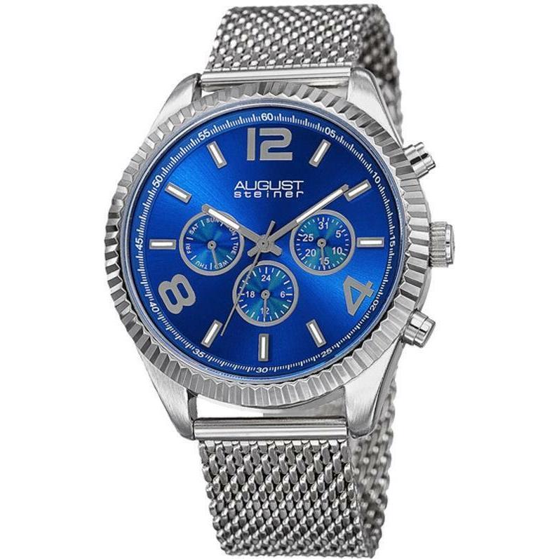 August Steiner AS8196SSBU Day Date Gmt Blue Sunburst Dial Mesh Band Mens Watch