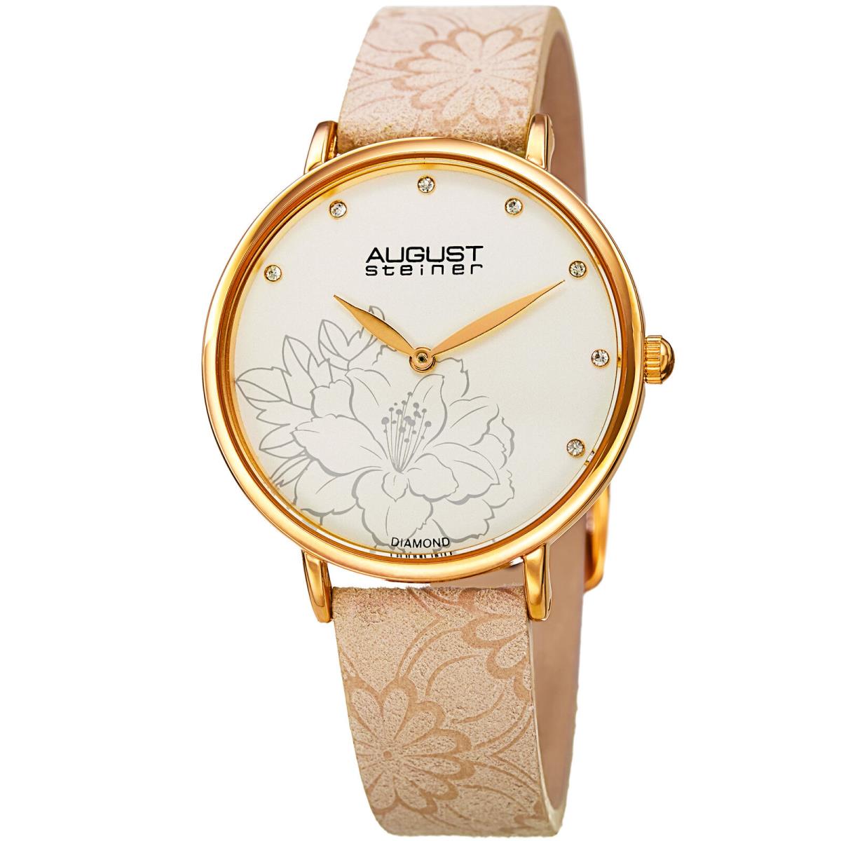 Women`s August Steiner AS8242CM Diamond Dial Quartz Flower Embossed Strap Watch