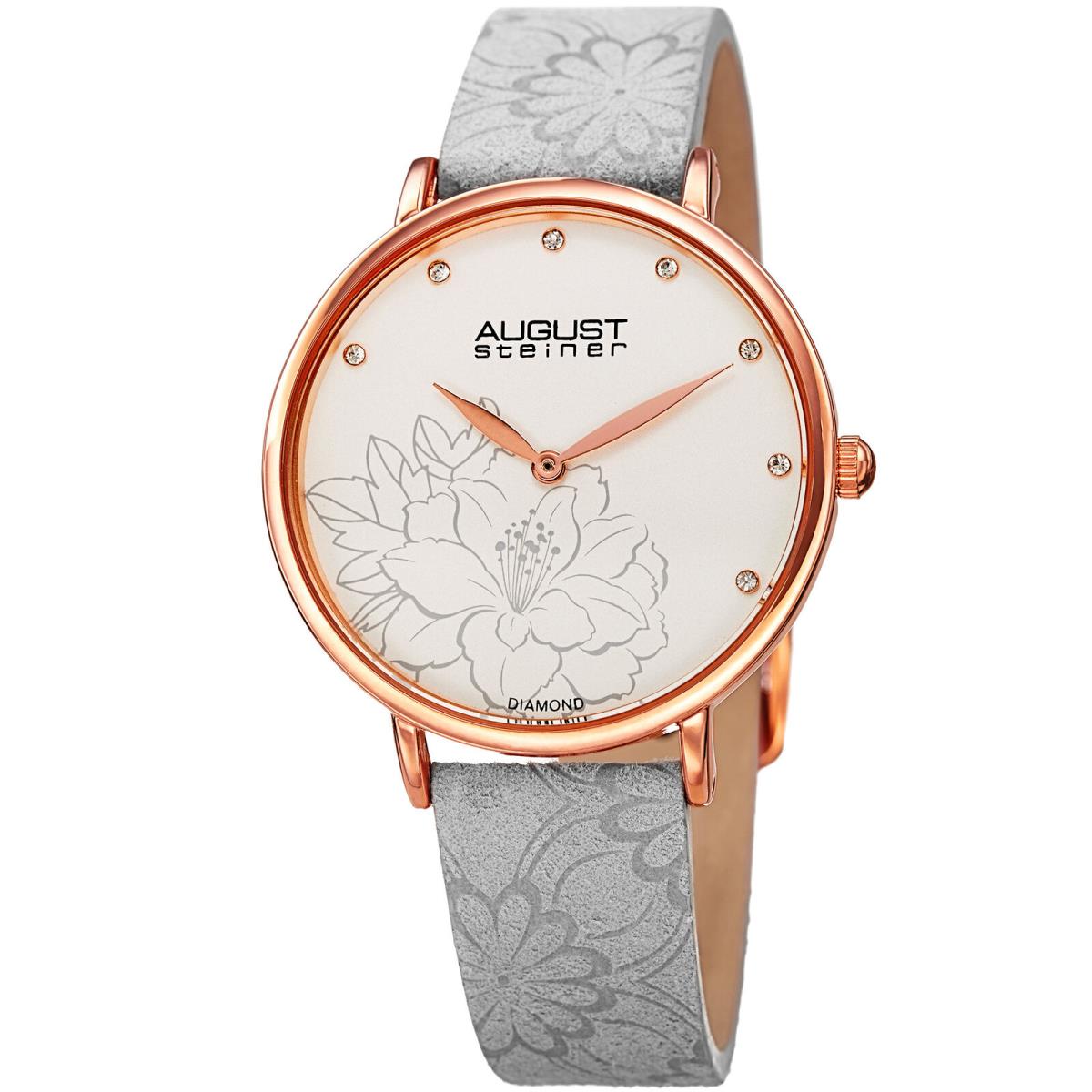 Women`s August Steiner AS8242GY Diamond Dial Quartz Flower Embossed Strap Watch